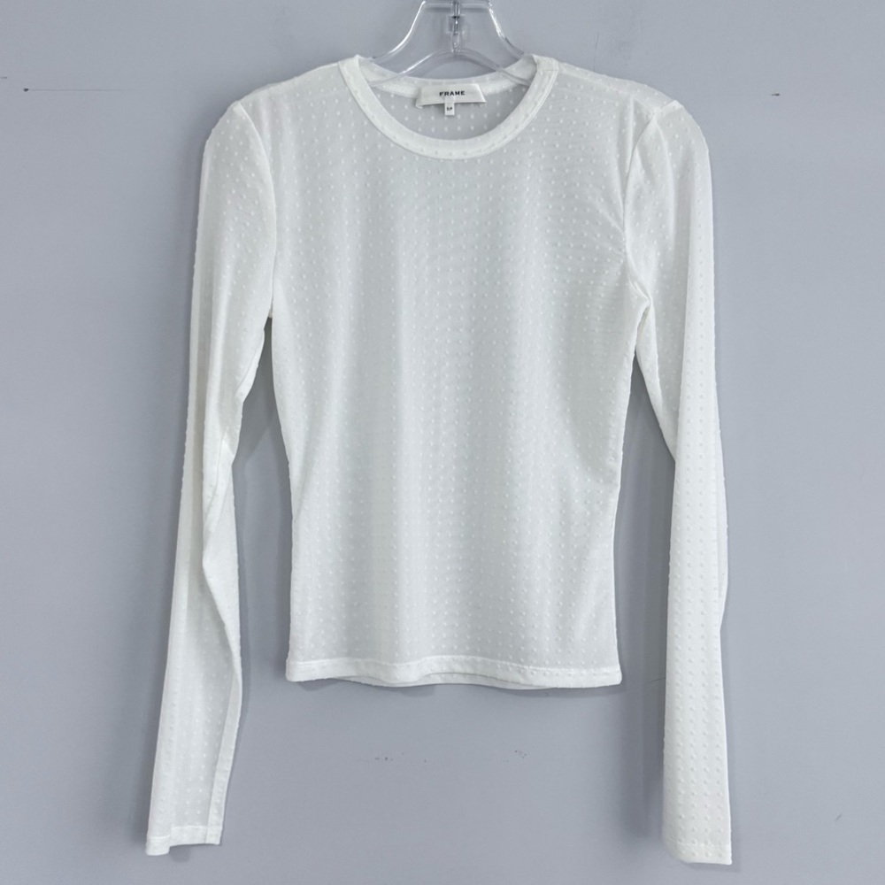Frame The Mesh Polka Dot Top in Cream Off White S Sheer Cewneck Long Sleeve $278 - Picture 10 of 16